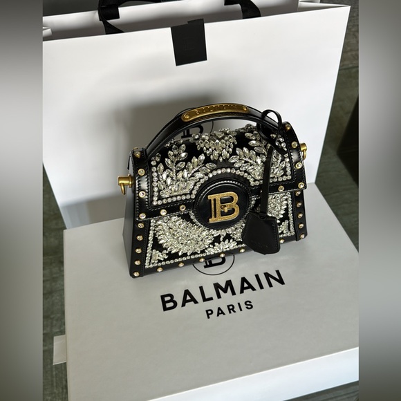 Balmain Handbags - Balmain Black and Gold Mini Bag with Iconic Logo